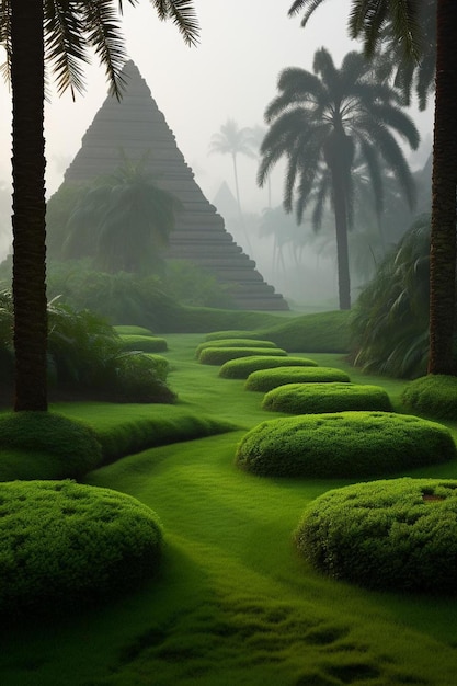 le piramidi egiziane in un campo verde una mattina nebbiosa