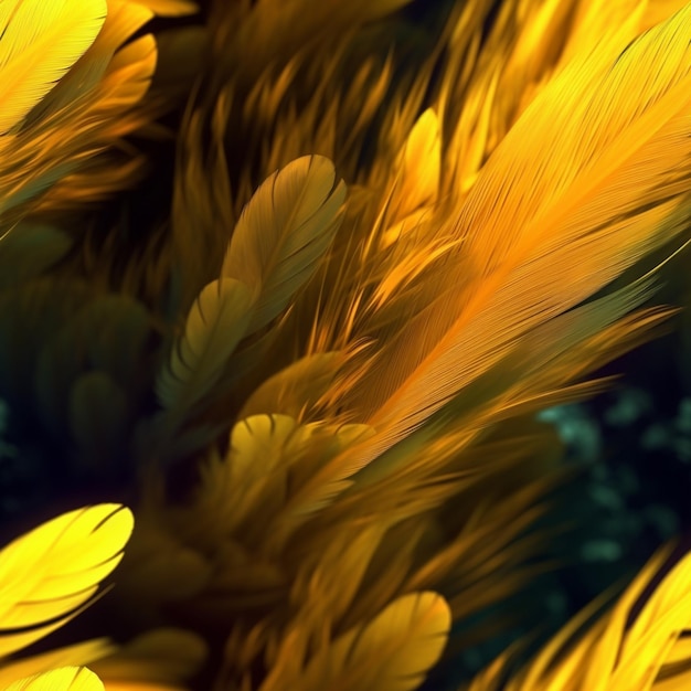 Le piume gialle sono disposte in un bouquet su un tavolo generativo ai