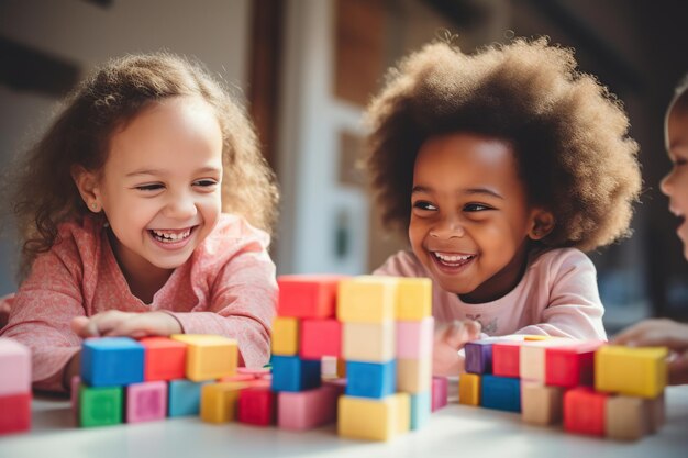 Le ragazze afro giocano insieme con i cubi a casa.