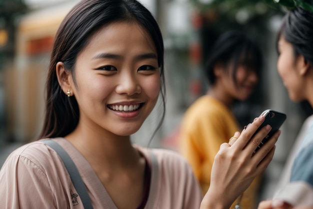 le ragazze asiatiche sorridono con phome in mano