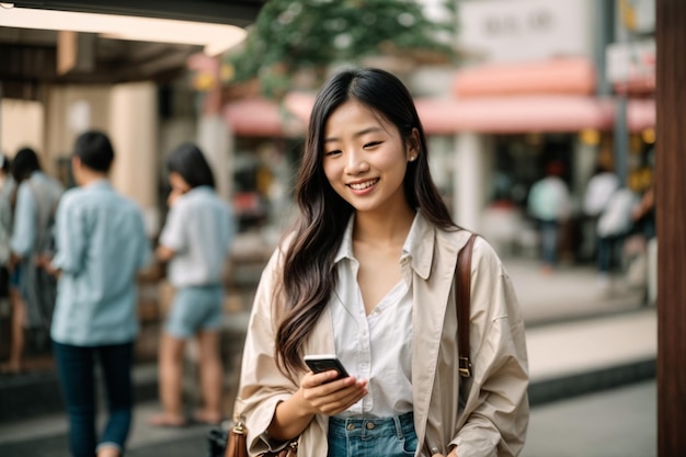 le ragazze asiatiche sorridono con phome in mano