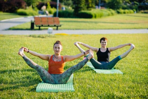 Le ragazze fanno yoga all'aperto nel parco durante il tramonto. Uno stile di vita sano.