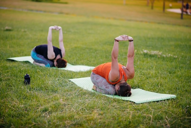 Le ragazze fanno yoga all'aperto nel parco durante il tramonto. Uno stile di vita sano.