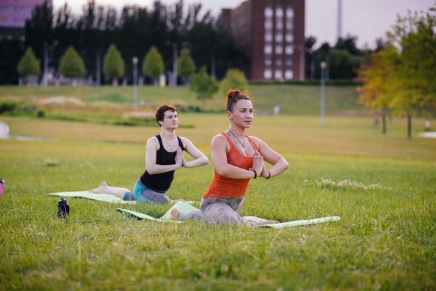 Le ragazze fanno yoga all'aperto nel parco durante il tramonto. Uno stile di vita sano.