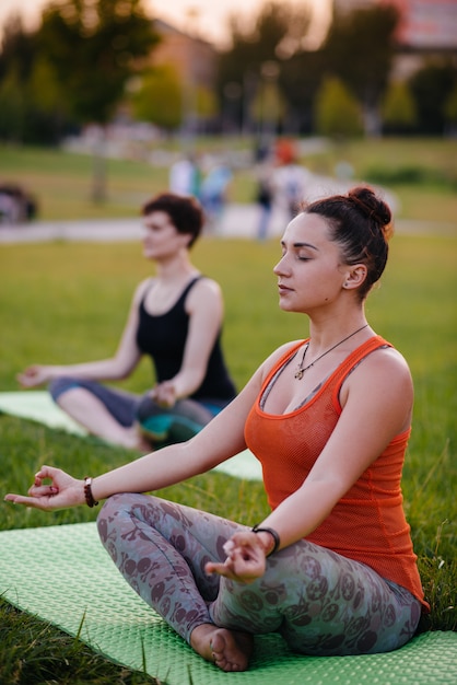 Le ragazze fanno yoga all'aperto nel parco durante il tramonto. Uno stile di vita sano