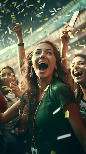 Le ragazze felici celebrano i tifosi di calcio vincenti del gioco del piede