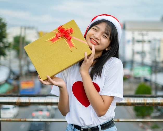 Le ragazze felici indossano il cappello di Natale sullo sfondo della vista della città.