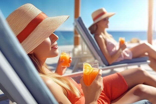 Le ragazze sulla spiaggia bevono succo e si divertono.