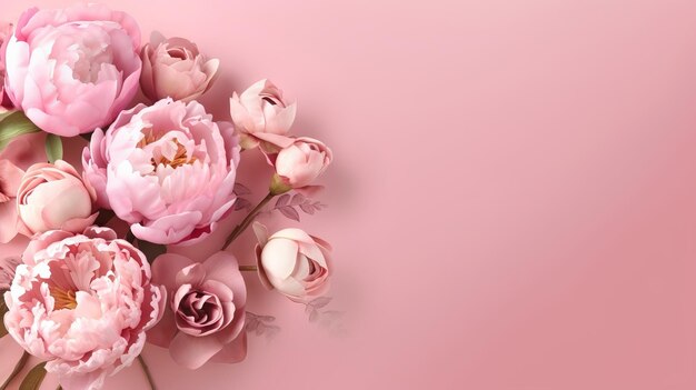 Le rose delle peonie su uno stabilimento rosa con spazio per la copia Curiosamente caratteristiche organizzano il grafico con lo spazio della sostanza Risorsa creativa generata dall'intelligenza artificiale