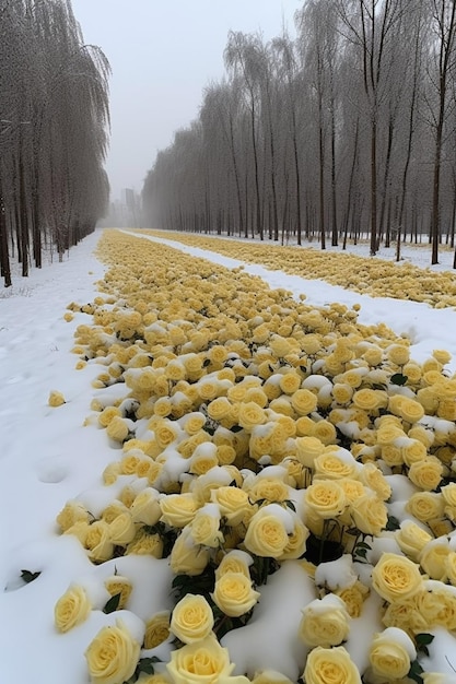 le rose gialle sono coperte di neve in un parco ai creativo