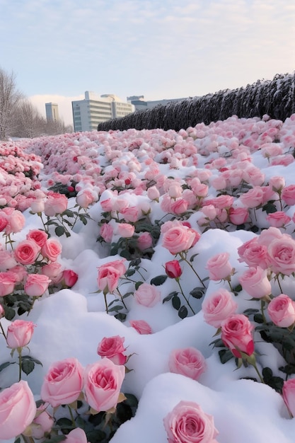 le rose rosa sono coperte di neve in un campo di neve generativa ai