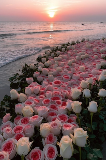 le rose sono disposte sulla spiaggia al tramonto con il sole che tramonta ai generativo