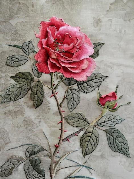 Le rose sono ricamate su cotone e lino in uno stile tradizionale fatto a mano