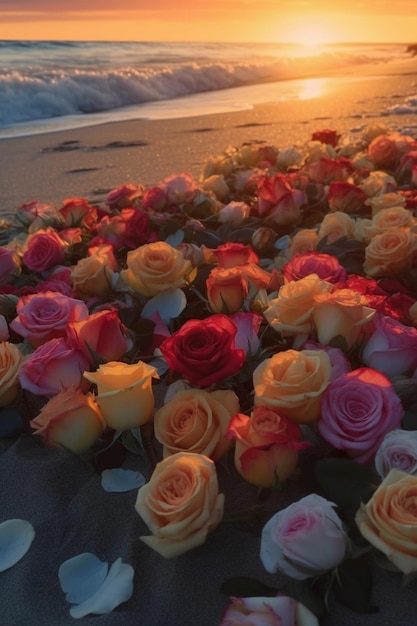 le rose sono sulla sabbia in spiaggia con il sole che tramonta ai generativo