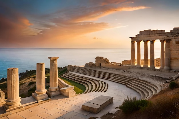 Le rovine dell'antico teatro greco al tramonto
