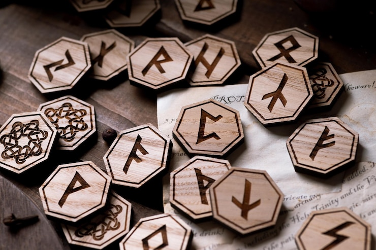 Foto le rune giacciono su un tavolo di legno accanto ai biscotti sotto forma di zucche e fantasmi
