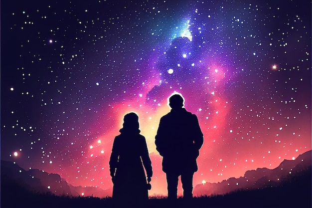 Le sagome di una donna anziana e di un uomo anziano si levano sullo sfondo del cielo stellato