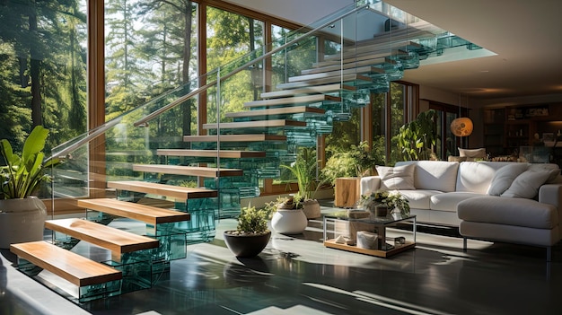 le scale sono in vetro e acciaio e il design della casa è moderno.