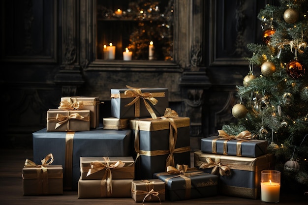 Le scatole con i regali di Natale si trovano sotto un albero di Natale decorato accanto a un camino generato ai