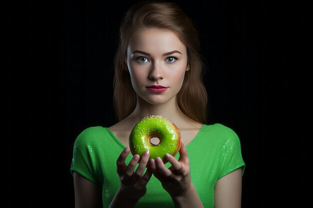 Le scelte contrastanti Una donna sfocata che mostra una mela verde o una ciambella in mano in un angolo di 32°