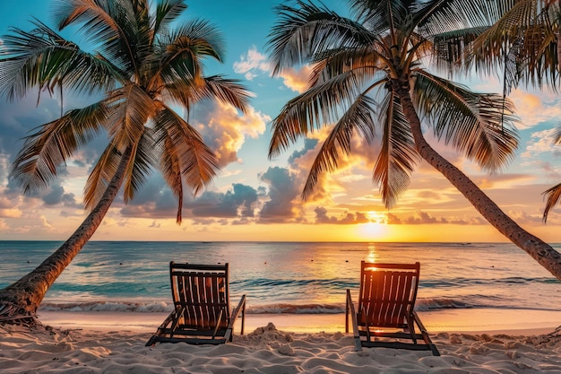 Le sedie da spiaggia sono posizionate su una bellissima spiaggia con alberi di cocco