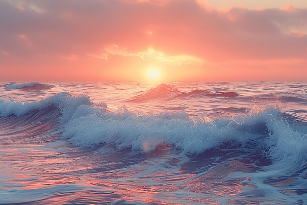 Le sfumature del tramonto proiettano un caldo bagliore sulle serene onde dell'oceano la luce che svanisce si sfocera nel mare calmo