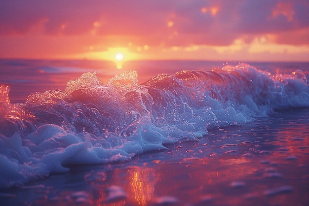 Le sfumature del tramonto proiettano un caldo bagliore sulle serene onde dell'oceano la luce che svanisce si sfocera nel mare calmo