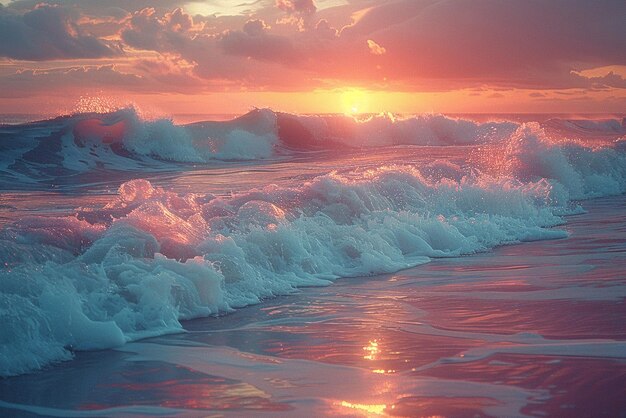 Le sfumature del tramonto proiettano un caldo bagliore sulle serene onde dell'oceano la luce che svanisce si sfocera nel mare calmo