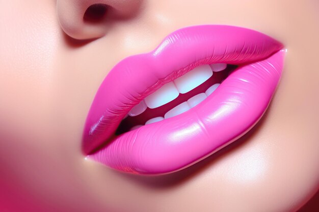 Le sfumature rosa pastello adornano le labbra della giovane donna unendo l'arte della moda e le tendenze cosmetiche in uno sguardo affascinante