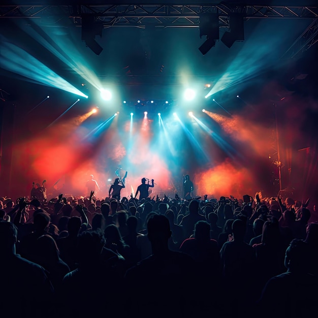le silhouette della folla del concerto davanti alle luci del palco luminose concerto di una band rock astratta