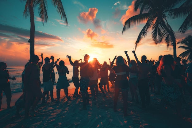 Le silhouette oscillano in un tramonto vibrante in una festa di danza sulla spiaggia tropicale che incarna la gioia dell'estate