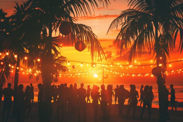 Le silhouette oscillano in un tramonto vibrante in una festa di danza sulla spiaggia tropicale che incarna la gioia dell'estate