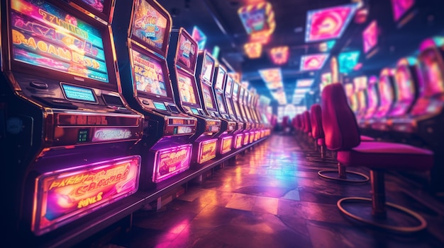 le slot machine del casinò sono illuminate da luci al neon nello stile di un rendering realistico e iperdettagliato