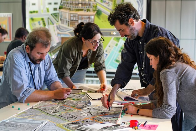 Le squadre collaborano in uno studio di progettazione urbana per immaginare le città del futuro con trasporti integrati