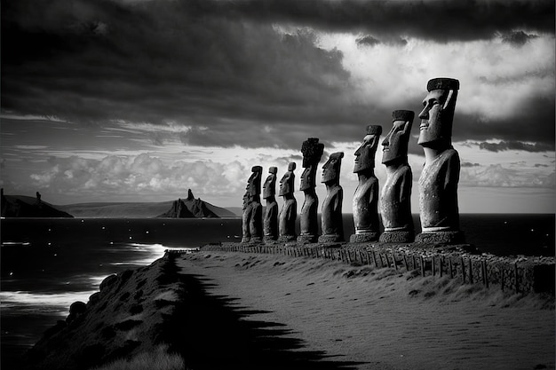 Le statue Moai si affacciano sull'oceano sull'isola di pasqua creata con l'IA generativa