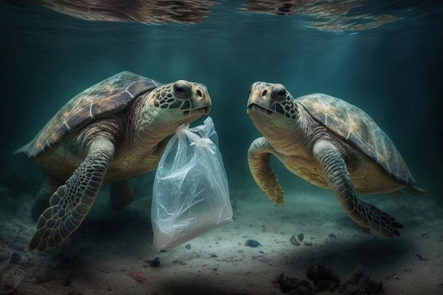 Le tartarughe che mangiano sacchetti di plastica a causa dell'inquinamento da plastica degli oceani sono un problema ambientale