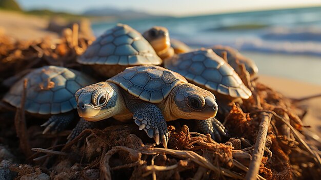 Le tartarughe si schiudono dalle uova sulla spiaggia e strisciano verso il mare
