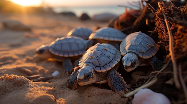 Le tartarughe si schiudono dalle uova sulla spiaggia e strisciano verso il mare