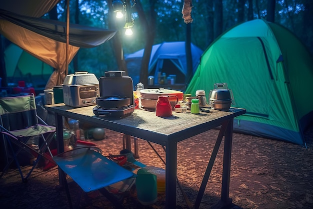 Le tende da campo all'aperto hanno tende da campo all'aperto con telone o difetti sul campo in erba cielo blu scuro al crepuscolo vacanze in famiglia e picnic durante le vacanze e i turisti in famiglia in campeggio