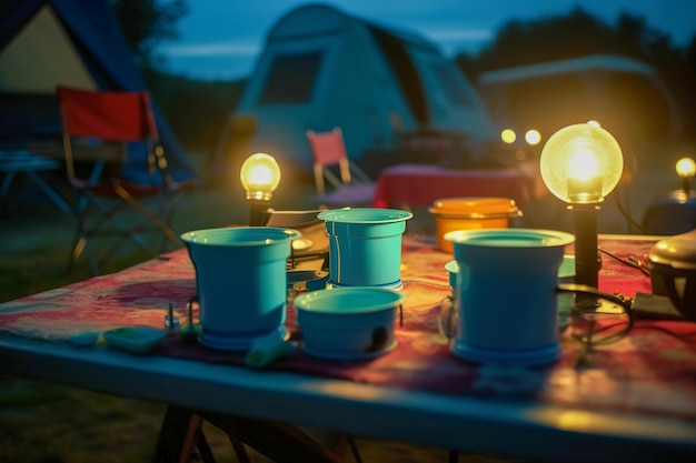 Le tende da campo all'aperto hanno tende da campo all'aperto con telone o difetti sul campo in erba cielo blu scuro al crepuscolo vacanze in famiglia e picnic durante le vacanze e i turisti in famiglia in campeggio