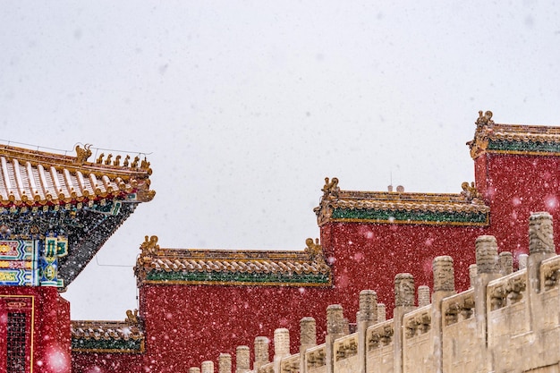 Le tettoie e le pareti del palazzo nella neve nella Città Proibita di Pechino, Cina