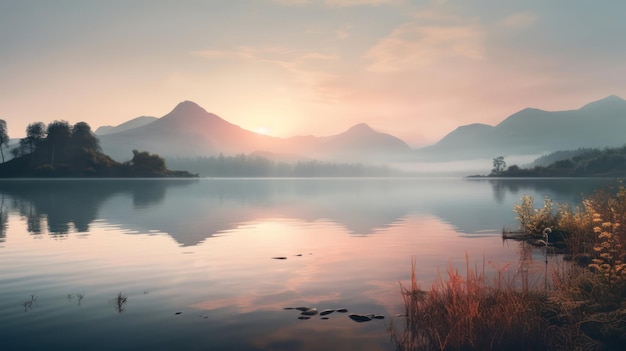 Le tonalità tenui dell'alba si riflettono nelle calme acque del lago con le montagne
