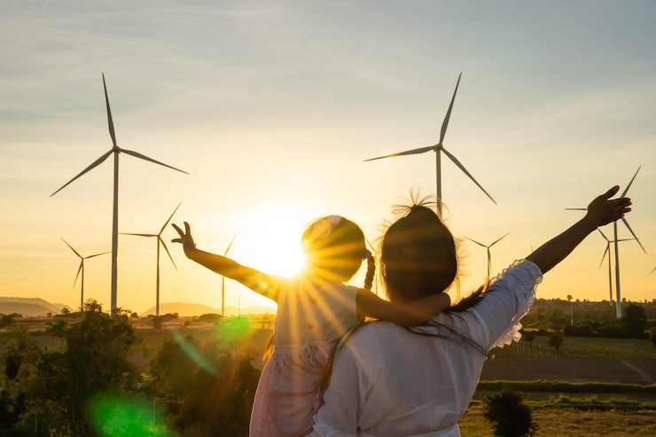 Foto le turbine eoliche sono fonti alternative di elettricità il concetto di risorse sostenibili le persone nella comunità con generatori eolici turbine energie rinnovabili