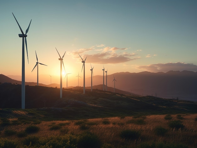 Le turbine eoliche su una collina al tramonto con il sole che tramonta dietro di loro