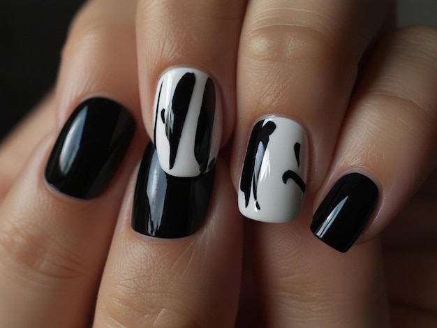 le unghie di una donna con un disegno bianco e nero su di loro