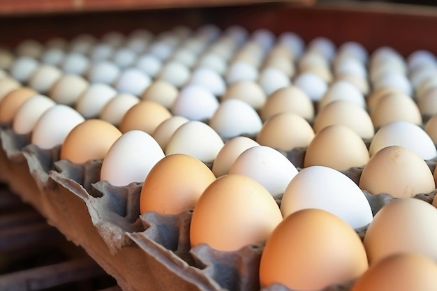 Le uova di gallina si muovono lungo un nastro trasportatore in un allevamento di pollame Concetto di industria alimentare Produzione di uova di gallina Molte uova di gallina marroni e bianche