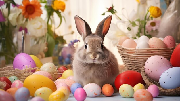 Le uova di Pasqua che circondano un coniglio carino simboleggiano la Pasqua generata dall'AI