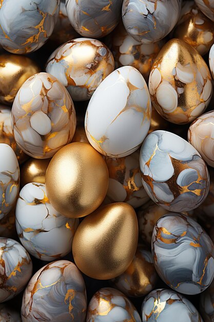 Le uova di Pasqua dorate e bianche brillanti sullo sfondo