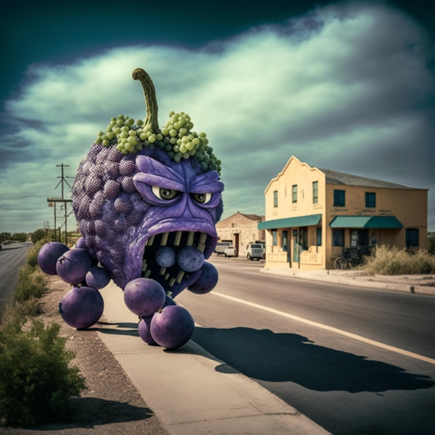 le uve viola sono sul lato della strada con un mostro viola generativo ai