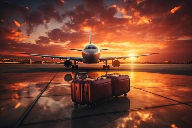 Le valigie dei bagagli si trovano all'aeroporto per essere caricate sull'aereo. Luce al tramonto, nessuna gente.